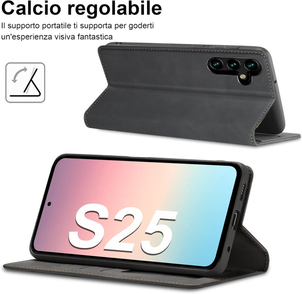 Samsung Galaxy S25 5G bőrtok pénztárca, edzett üveg, prémium bőr, könyv formátum