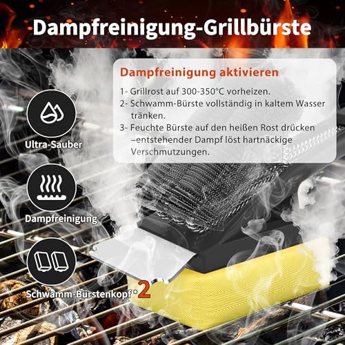 Grill tisztítókefe gőztisztító fejjel, rozsdamentes acél sörtékkel, rozsdamentes acél