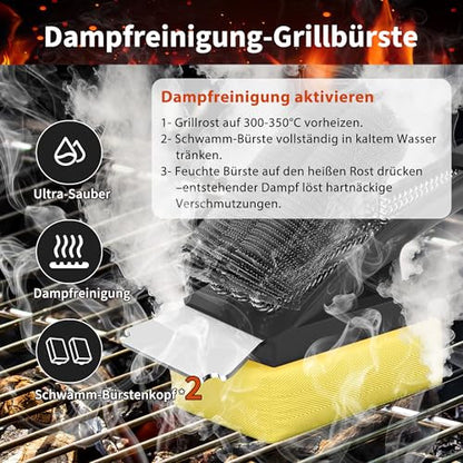 Grill tisztítókefe gőztisztító fejjel, rozsdamentes acél sörtékkel, rozsdamentes acél
