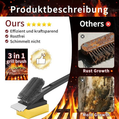 Grill tisztítókefe gőztisztító fejjel, rozsdamentes acél sörtékkel, rozsdamentes acél