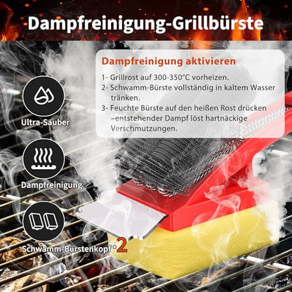 Grill tisztító kefe gőztisztítással, rozsdamentes acél sörtékkel, rozsdamentes acél