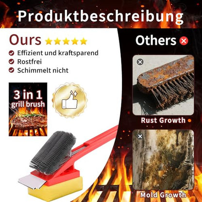 Grill tisztító kefe gőztisztítással, rozsdamentes acél sörtékkel, rozsdamentes acél