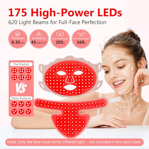USUIELIGHT LED arcmaszk fényterápia, 7 színű LED maszk arcra és nyakra anti-aging