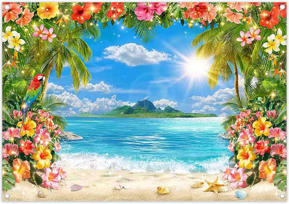 Luminora 2,1 x 1,5 m nyári fotóháttér hawaii strand, trópusi pálmák, virágminta