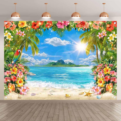 Luminora 2,1 x 1,5 m nyári fotóháttér hawaii strand, trópusi pálmák, virágminta