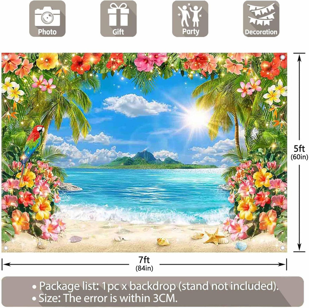 Luminora 2,1 x 1,5 m nyári fotóháttér hawaii strand, trópusi pálmák, virágminta