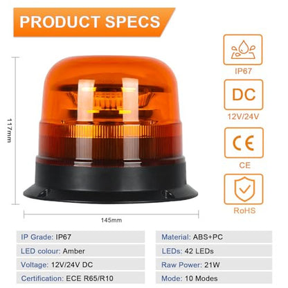 Qiping LED figyelmeztető lámpa, 12V/24V, narancs 10 mód, traktor, autó, teherautó