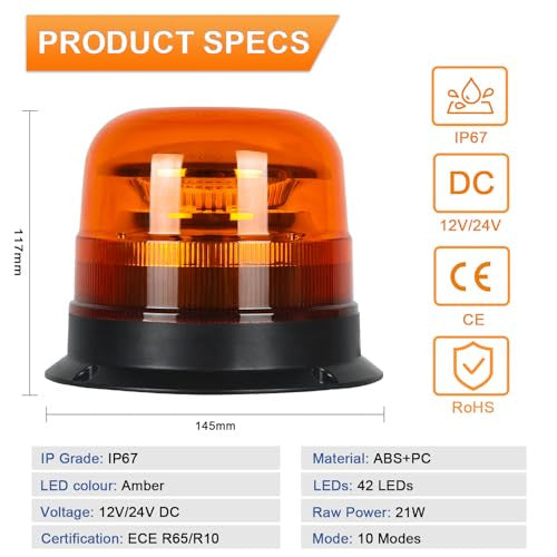 Qiping LED figyelmeztető lámpa, 12V/24V, narancs 10 mód, traktor, autó, teherautó