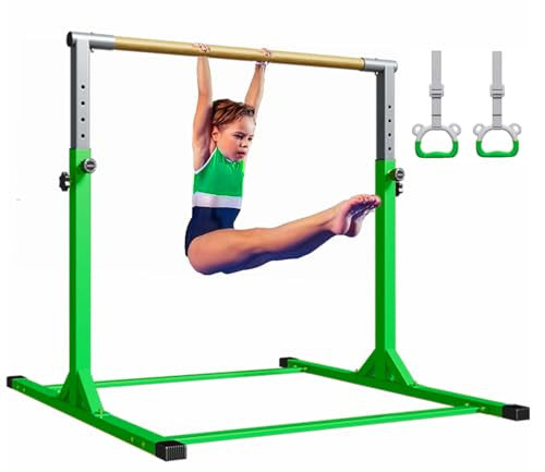 Gymnastic Kip Bar gyerekeknek, állítható magasságú tornarúd gyűrűkkel zöld