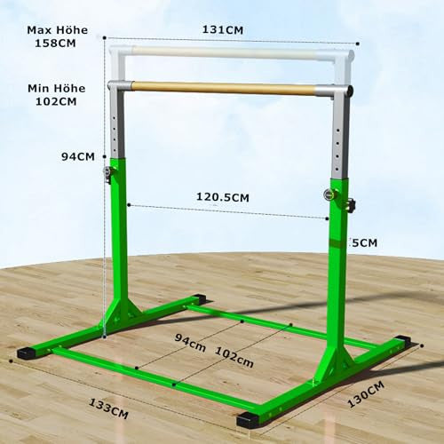 Gymnastic Kip Bar gyerekeknek, állítható magasságú tornarúd gyűrűkkel zöld