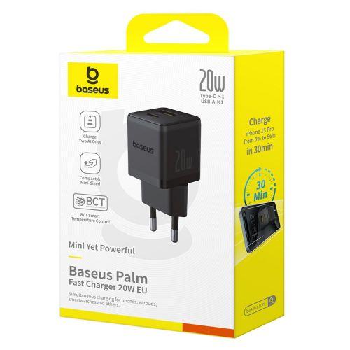 Baseus Palm Series hálózati töltő, USB-C + USB-A, PD 3.0, QC 3.0, 20W, EU (P10111608113-00) (fekete)