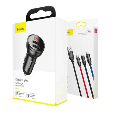 Baseus autós töltő digitális kijelzővel, 2 x USB, 3 az 1-ben kábellel 1,2 m, 24 W, 4,8 A (TZCCBX-0G) (fekete/szürke)