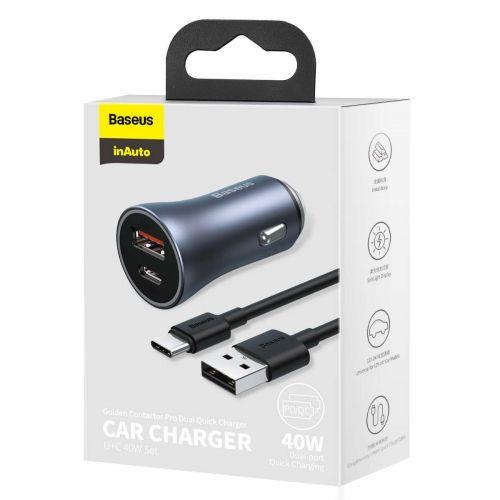Baseus Golden Contactor Pro autós töltő, USB + USB-C, 40 W, PD 3.0, QC 4+, SCP, FCP, AFC, USB - USB-C 1 m kábellel (TZCCJD-0G) (szürke)
