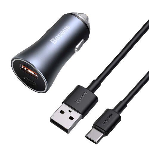 Baseus Golden Contactor Pro autós töltő, USB + USB-C, 40 W, PD 3.0, QC 4+, SCP, FCP, AFC, USB - USB-C 1 m kábellel (TZCCJD-0G) (szürke)