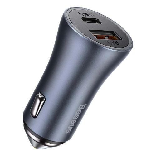 Baseus Golden Contactor Pro autós töltő, USB + USB-C, 40 W, PD 3.0, QC 4+, SCP, FCP, AFC, USB - USB-C 1 m kábellel (TZCCJD-0G) (szürke)