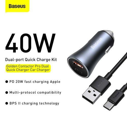 Baseus Golden Contactor Pro autós töltő, USB + USB-C, 40 W, PD 3.0, QC 4+, SCP, FCP, AFC, USB - USB-C 1 m kábellel (TZCCJD-0G) (szürke)