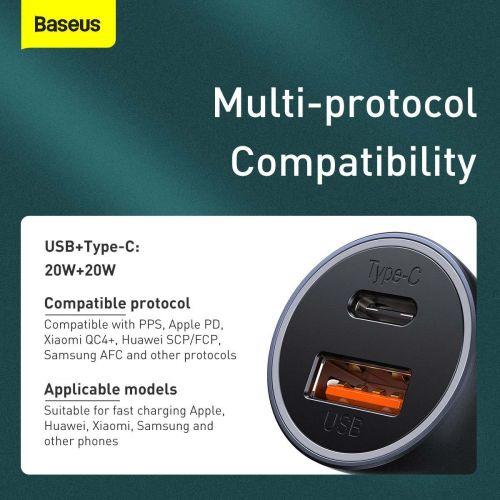 Baseus Golden Contactor Pro autós töltő, USB + USB-C, 40 W, PD 3.0, QC 4+, SCP, FCP, AFC, USB - USB-C 1 m kábellel (TZCCJD-0G) (szürke)