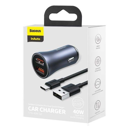 Baseus autós töltő arany kontaktussal Pro, USB/Type-C kábellel (5A), 2xUSB, gyorstöltés, SCP, FCP, AFC, 40W (TZCCJD-A0G) (szürke)