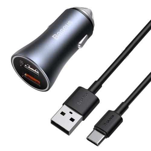 Baseus autós töltő arany kontaktussal Pro, USB/Type-C kábellel (5A), 2xUSB, gyorstöltés, SCP, FCP, AFC, 40W (TZCCJD-A0G) (szürke)