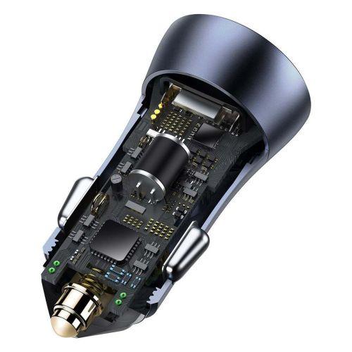 Baseus autós töltő arany kontaktussal Pro, USB/Type-C kábellel (5A), 2xUSB, gyorstöltés, SCP, FCP, AFC, 40W (TZCCJD-A0G) (szürke)