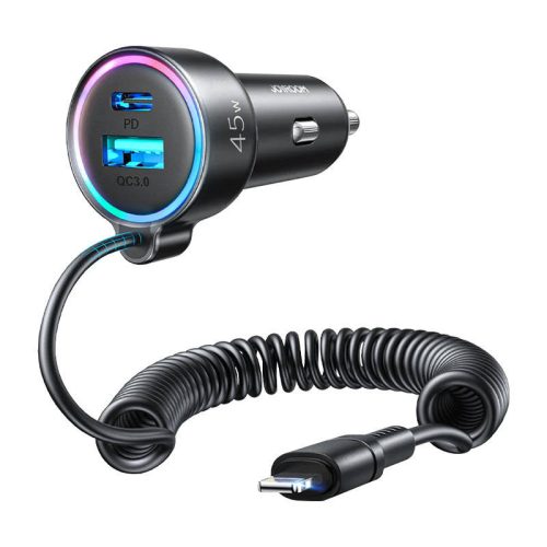 Car charger Joyroom JR-CL08, 3-in-1, 1x USB + 1x PD, 55W + Lightning cable (black)